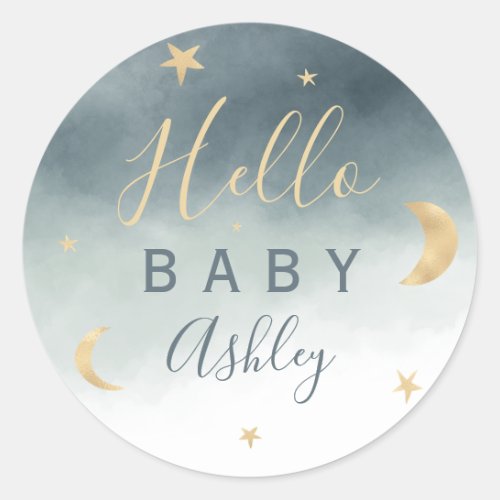 Cute gold moon stars blue watercolor baby shower classic round sticker