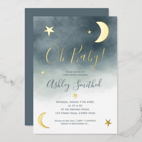 Cute gold moon stars blue watercolor baby shower foil invitation