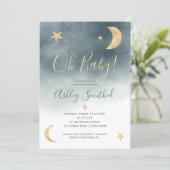 Cute gold moon stars blue watercolor baby shower invitation (Standing Front)