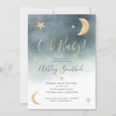 Cute gold moon stars blue watercolor baby shower invitation (Front)