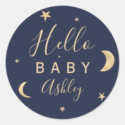Cute gold moon stars navy blue baby shower classic round sticker