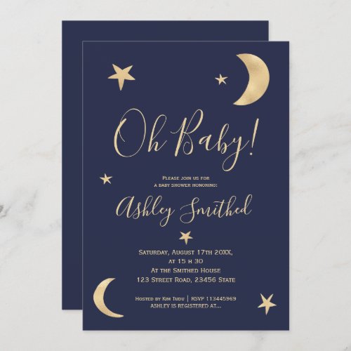 Cute gold moon stars navy blue baby shower invitation