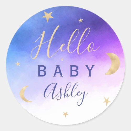 Cute gold moon stars pink watercolor baby shower classic round sticker