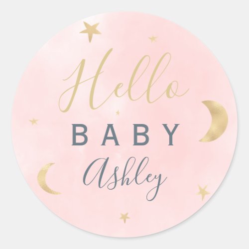 Cute gold moon stars pink watercolor baby shower classic round sticker