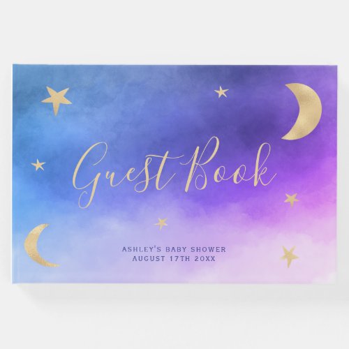 Cute gold moon stars pink watercolor baby shower guest book