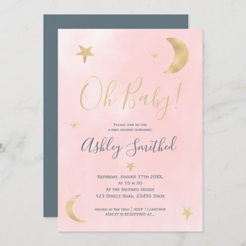 Cute gold moon stars pink watercolor baby shower invitation