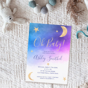 Cute gold moon stars pink watercolor baby shower invitation