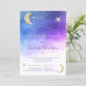 Cute gold moon stars purple baby shower by mail invitation (Standing Front)
