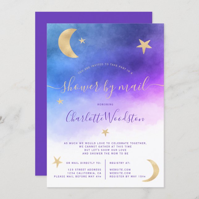 Cute gold moon stars purple baby shower by mail invitation (Front/Back)