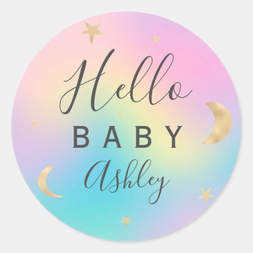 Cute gold moon stars rainbow pastel baby shower classic round sticker