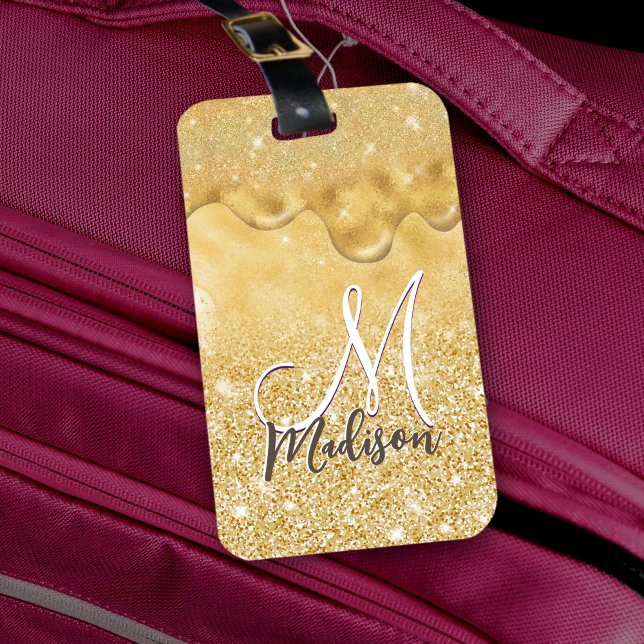 Cute gold ombre glitter drips monogram luggage tag (Creator Uploaded)