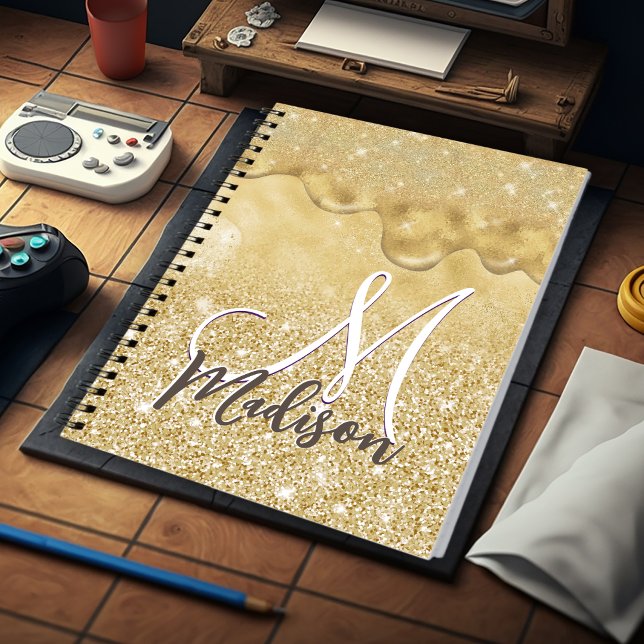 Cute gold ombre glitter drips monogram notebook (Creator Uploaded)