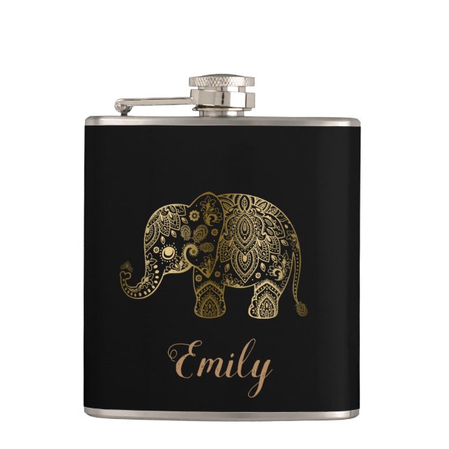 Cute Gold Paisley Elephant Flask (Front)