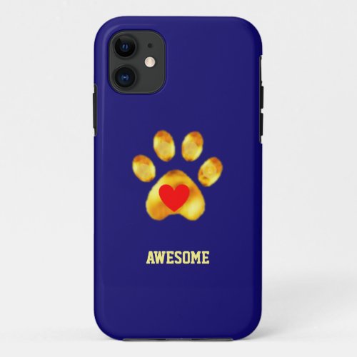 Cute gold paw on navy blue iPhone 11 case