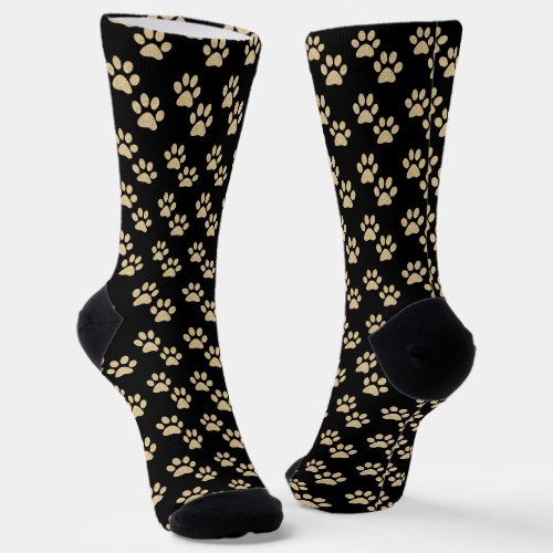 Cute Gold Paw Prints Pet Lovers Black Socks