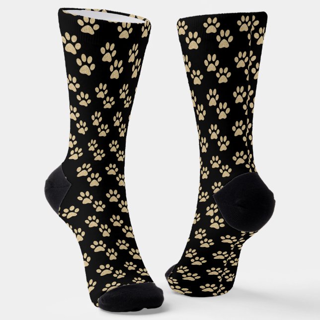 Cute Gold Paw Prints Pet Lovers Black Socks (Angled)