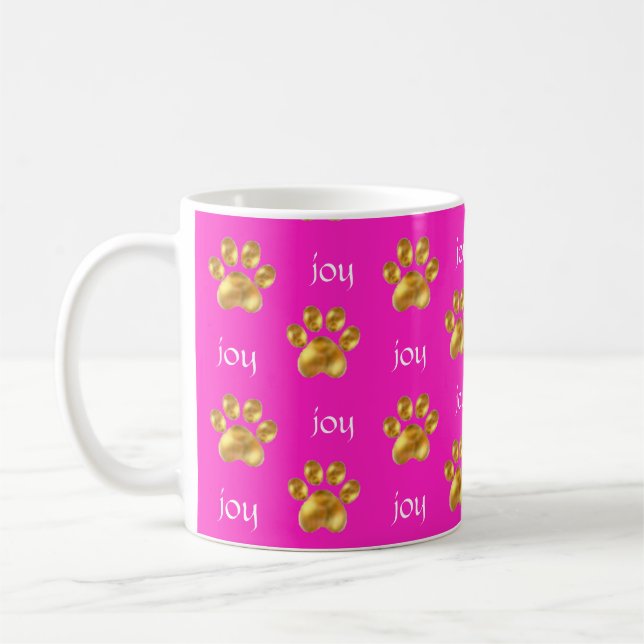 Cute gold paws & calligraphy on magenta pink coffee mug (Left)