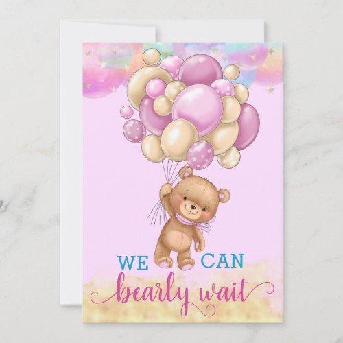 Cute Gold Rainbow Teddy Bear Balloons Baby Shower Invitation