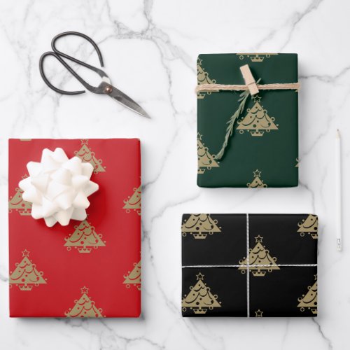Cute gold red dark green and black Christmas Trees Wrapping Paper Sheets