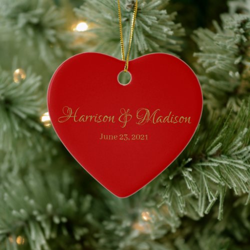 Cute gold red heart custom script names date ceramic ornament