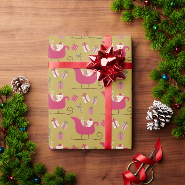 Cute Gold & Red Santa Sleigh Kids Christmas Wrapping Paper (Holiday Gift)