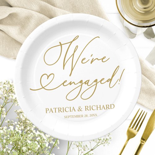 Cute Gold Script Were Engaged Engagement Party Paper Plates