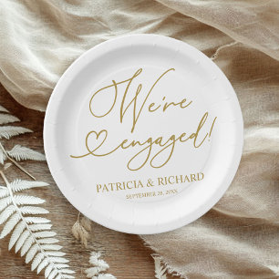 Cute Gold Script We're Engaged Engagement Party Paper Plates