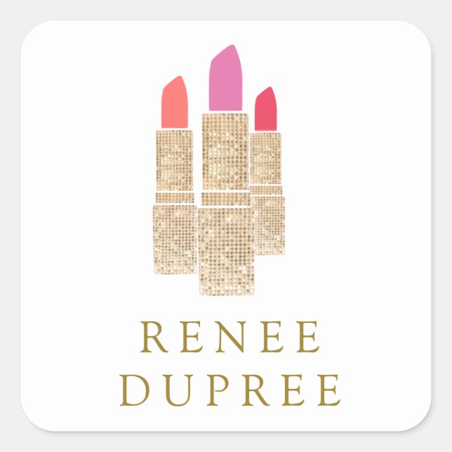 Cute Gold Sequin Lipstick Makeup Artist Beauty Square Sticker (Front)