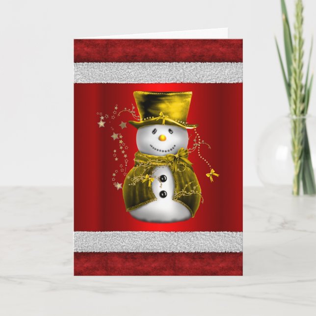Cute Gold Snowman on Red Christmas Card (Front)