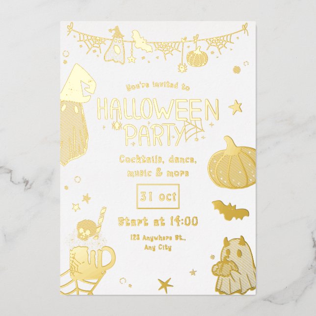 Cute Gold Spooky  Halloween Party Foil Invitation (Front)