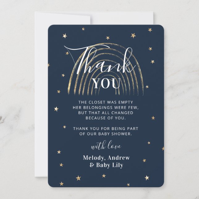 Cute Gold Star & Rainbow Neutral Baby Shower  Thank You Card (Front)