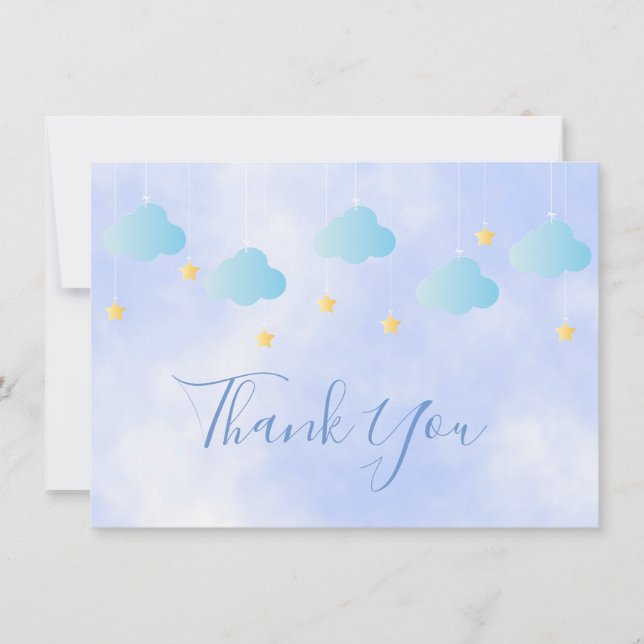 Cute Gold Stars Blue Clouds Script Thank You Card (Front)