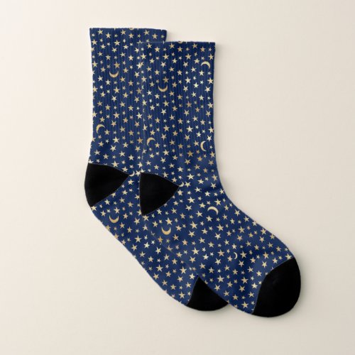 Cute Gold Stars Crescent Moons Pattern Navy Blue Socks