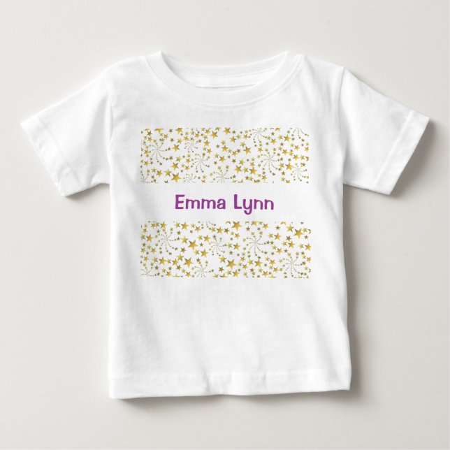 Cute Gold Stars Flower Fireworks Personalized Name Baby T-Shirt (Front)