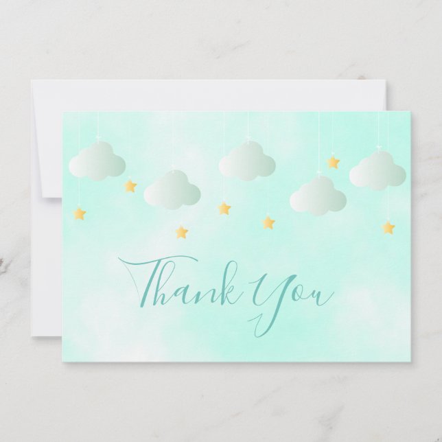 Cute Gold Stars Green Clouds Script Thank You Card (Front)