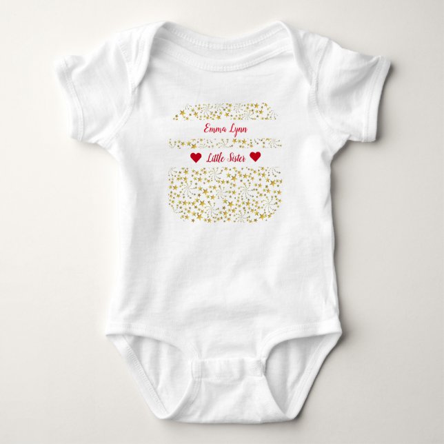 Cute Gold Stars Little Sister Personalize Name Baby Bodysuit (Front)