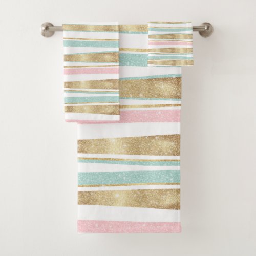 Cute Gold Stripes Doodles Pink Design Bath Towel Set