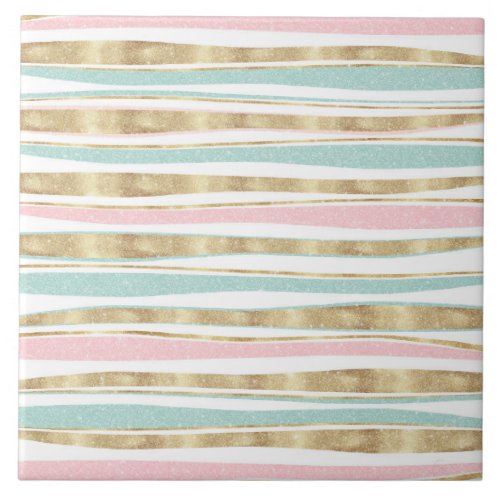 Cute Gold Stripes Doodles Pink Design Ceramic Tile