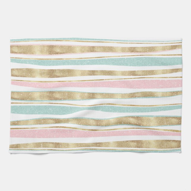 Cute Gold Stripes Doodles Pink Design Kitchen Towel (Horizontal)