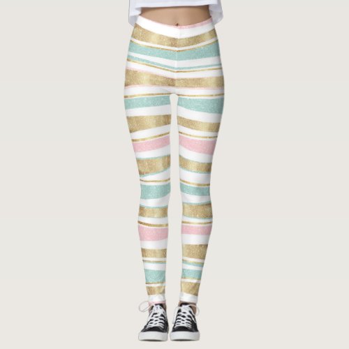 Cute Gold Stripes Doodles Pink Design Leggings