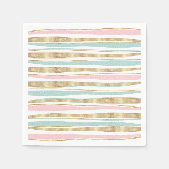Cute Gold Stripes Doodles Pink Design Napkins (Front)