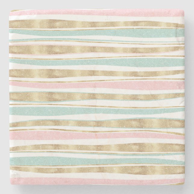 Cute Gold Stripes Doodles Pink Design Stone Coaster (Front)