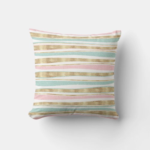 Cute Gold Stripes Doodles Pink Design Throw Pillow