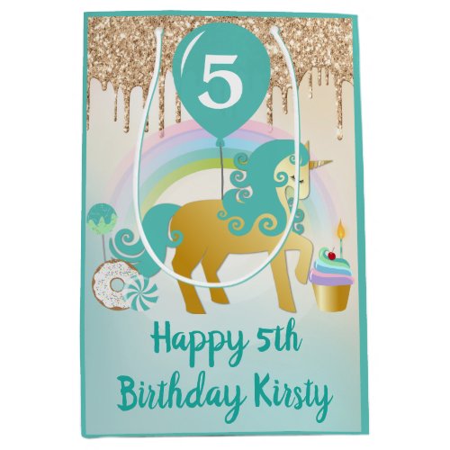 Cute Gold  Teal Unicorn Treats Birthday Medium Gift Bag