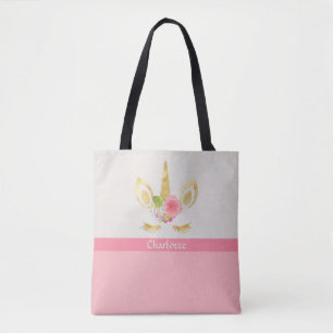 Cute Gold Unicorn Face Girly Pink Personalized Tote Bag