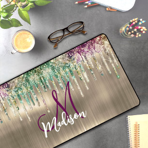 Cute gold unicorn Glitter Drips monogram Desk Mat