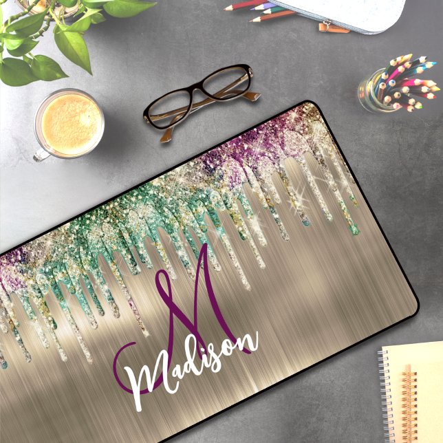 Cute gold unicorn Glitter Drips monogram Desk Mat (Creator Uploaded)