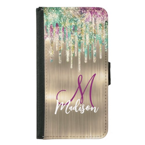 Cute gold unicorn Glitter Drips monogram Samsung Galaxy S5 Wallet Case