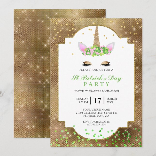 Cute Gold Unicorn St Patrick's Day Party Invitation (Front/Back)