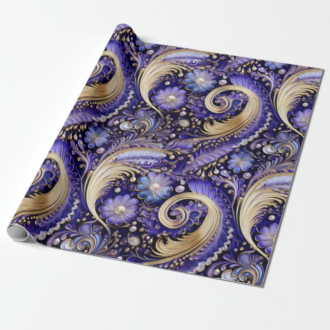 Cute Gold/Violet/Paisley Christmas Wrapping Paper (Unrolled)